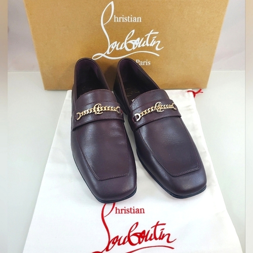 NWT$1095 Louboutin MJ Moc Brown Leather Chain Red Sole Flat Loafers Sz 36.5, 6.5 - Picture 1 of 16